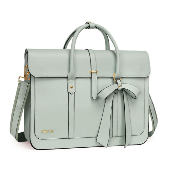 Picture of MOSISO Laptop Bag for Women, 15-15.6 inch PU Leather Laptop Shoulder Bag Convertible Backpack, 16 inch Messenger Bag Casual Handbag Work Briefcase Travel Computer Bag with Bowknot, Sage Green