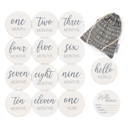 Picture of Natural Baby Milestone Discs - White Stain Wood Milestone Disc Set with Bag and Hello World Announcement Card - 13 Wooden Milestones Cards, Newborn Monthly First Year Picture Props, 1-12 Months