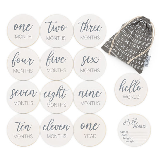 Picture of Natural Baby Milestone Discs - White Stain Wood Milestone Disc Set with Bag and Hello World Announcement Card - 13 Wooden Milestones Cards, Newborn Monthly First Year Picture Props, 1-12 Months