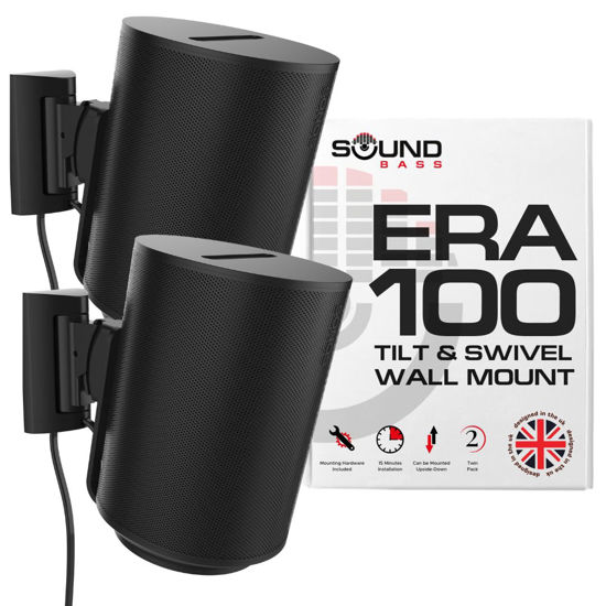 Picture of ERA100 Wall Mount Bracket, Tilt and Swivel, Black, Twin (2pcs), Compatible with Sonos ERA 100, Effortless Installation, Includes Mounting Kit, Double, Pair