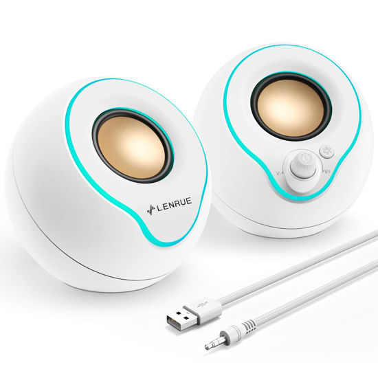 Picture of LENRUE Computer Speakers, PC Speakers with Colorful Lights Button, Volume Knob, 45 ° Tilt, Loud Sound, AUX and USB Powered for PC Desktop Monitor Laptop