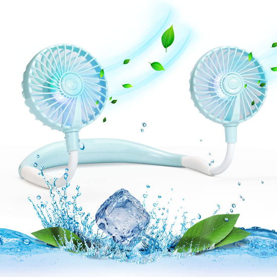 Picture of VAGAU Portable Cooling Neck Fan, Rechargeable USB Personal Neck Fan with Colorful LED lights, 360° Rotation, Wearable Neck Fan Air Conditioner for Office Travel Sport, 3 Adjustable Speeds（Blue）