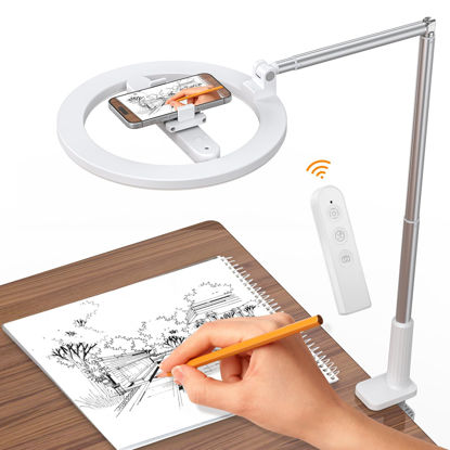 Picture of 10'' Magic Arm Ring Light with Desk Clamp & Built-in Battery, Overhead Phone Mount Fill Light and Phone Holder Circle Desktop Articulating Arm for Video Recording, Zoom Meeting, Tiktok, YouTube Vlog