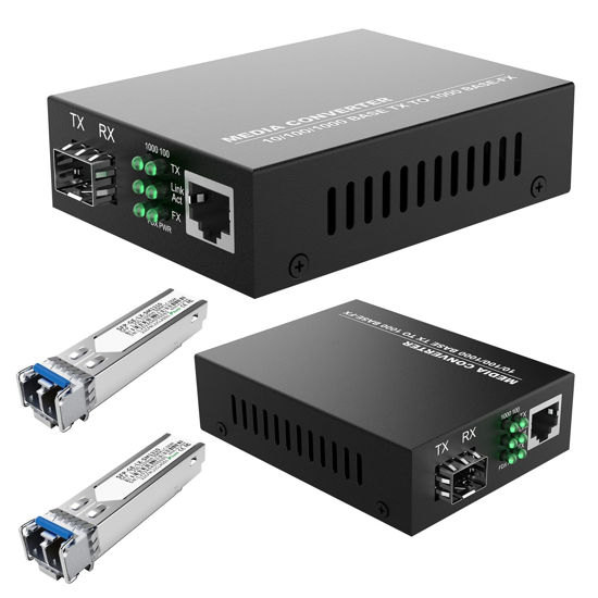 Picture of 2Pack SFP LC SingleMode Fiber to Ethernet Media Converter, Included 2PCS Bidi SFP Dual LC Gigabit Transceiver Modules, 1.25Gbps, 1000Base-LX to 10/100/1000Base-TX, 1310nm, SMF, Up to 20KM Transmission