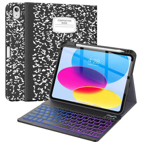 Picture of Supveco Keyboard Case for iPad 10th Generation 10.9 Inch with Pencil Holder-[Multi Viewing Angles],7 Colors Backlit Wireless Detachable Folio Keyboard Cover for iPad 10th Gen 2022-Notebook