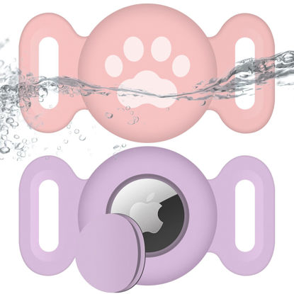 Picture of SZJCLTD Waterproof Airtag Dog Collar Holder (2 Pack), Protective Anti-Lost Airtag Case for GPS Dog Tracker, Silicone Airtag Cat Collar Dog Airtag Holder for Pets(Pink/Light Purple)
