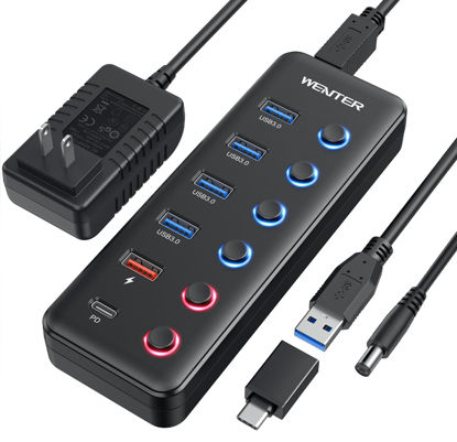 Picture of Powered USB 3.0 Hub, Wenter 6-Port USB Hub Splitter (4 Faster Data Transfer Ports+ 2Pcs 36W QC Charging Ports) with Individual LED On/Off Switches, USB Hub 3.0 Powered with Power Adapter
