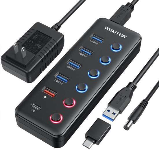 Picture of Powered USB 3.0 Hub, Wenter 6-Port USB Hub Splitter (4 Faster Data Transfer Ports+ 2Pcs 36W QC Charging Ports) with Individual LED On/Off Switches, USB Hub 3.0 Powered with Power Adapter
