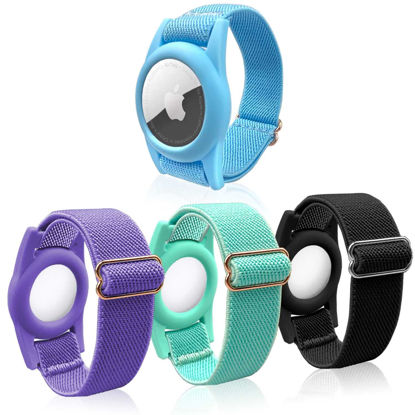 Picture of 4 Pack Airtag Bracelet for Kids, AirTag Holder with Adjustable Stretchy Nylon Watch Band, Anti-Lost Apple Air Tag Case Loop for Child, Toddler, Wallet, AirTag Wristband Kids (Colorful)