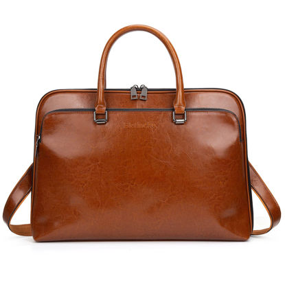 Picture of Blofinche Genuine Leather laptop Briefcase: Messenger shoulder bag 15 16 inch men macbook case women work satchel designer handbag Brown