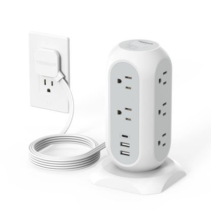 Picture of Tower Power Strip Flat Plug with 11 Outlets 3 USB (1 USB C), TESSAN Surge Protector Tower 1625W/13A,1050J Protection, 6 Feet Extension Cord with Multiple Outlets, Office Desk Supplies, Dorm Essentials