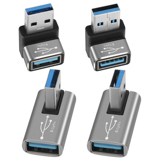 Picture of 90 Degree USB 3.0 Adapter 4 Pack, Up and Down & Left and Right Right Angle USB A Male to Female Connector Converter USB L Shape Extender, Support Charge & Data Sync for PC, Laptop, Mouse, Keyboard