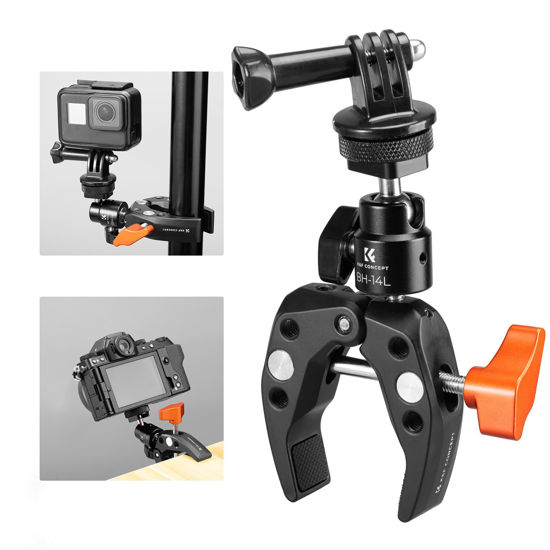 Picture of K&F Concept Super Clamp Camera Clamp with 360° Ballhead, Clamp Mount with Adapter for GoPro/AKASO/Insta360 Action Cameras, 1/4"-20 Screw for Camera Monitor, Cold Shoe Mount for Light Microphone.