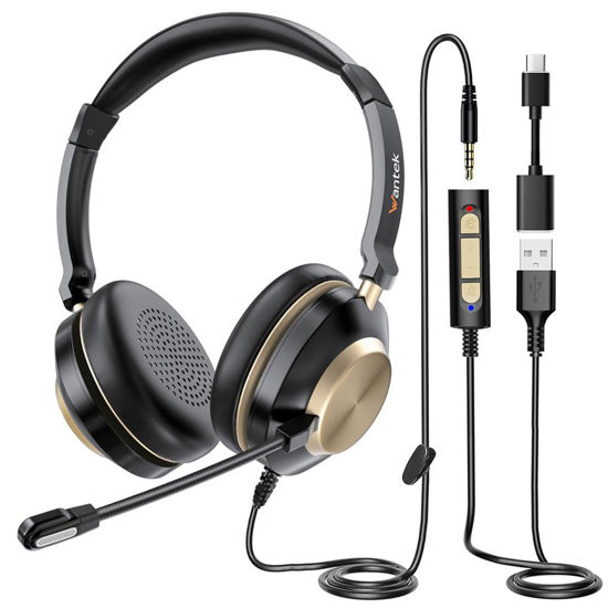 Picture of Wantek USB Computer Headset with Clear Chat Microphone, Lightweight On Ear Wired Headset for MS Teams,Skype,Webinars,Call Center and More