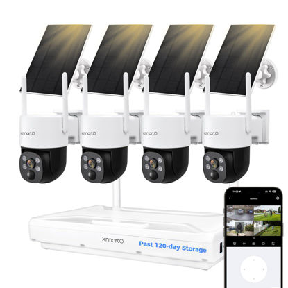 Picture of XMARTO QHD Wire-Free Solar Security Camera System Outdoor/Indoor Wireless, Pan Tilt Zoom, 4K Long Range WiFi 6 Surveillance DVR Kit, Long-Lasting Solar Battery Home CCTV 4-CAM Set w. 120-day Storage