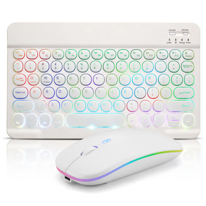 Picture of Ultra-Slim Bluetooth Keyboard and Mouse Portable Mini Wireless Keyboard Rechargeable 7-Color Backlit for Apple iPad iPhone Samsung Tablet iPhone Smartphone iOS Android Windows,Round Keys White