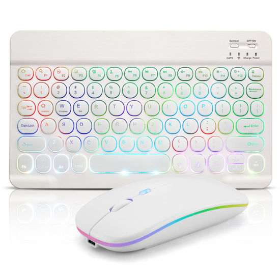 Picture of Ultra-Slim Bluetooth Keyboard and Mouse Portable Mini Wireless Keyboard Rechargeable 7-Color Backlit for Apple iPad iPhone Samsung Tablet iPhone Smartphone iOS Android Windows,Round Keys White