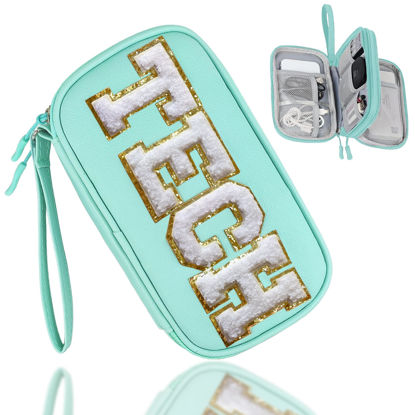 Picture of COSHAYSOO Electronics Organizer Bag Travel with Chenille Letter Patch TECH Traveling Must Have Accessories Cute Personalized Gift for Women Cable Cord Charger Storage Pouch (Greenish Blue)