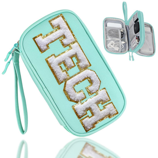 Picture of COSHAYSOO Electronics Organizer Bag Travel with Chenille Letter Patch TECH Traveling Must Have Accessories Cute Personalized Gift for Women Cable Cord Charger Storage Pouch (Greenish Blue)