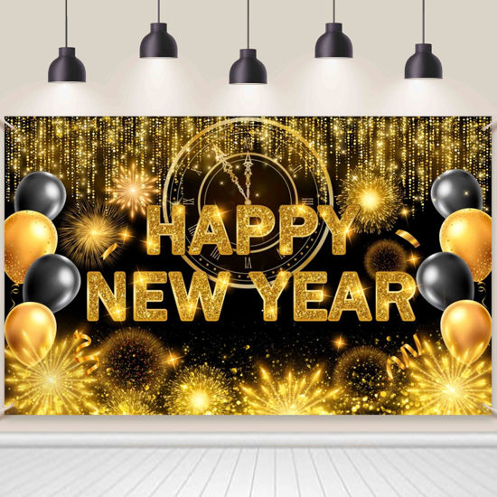 Picture of AIBIIN Black Gold Happy New Year Backdrop 2025 Kiss Me at Midnight Photography Background Cheers to The New Year Eve Hello 2025 Party Decorations Firework New Year Banner Photo Props 7x5 ft