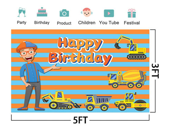 Custom Name Blue Orange Stripe Car Birthday Backdrop