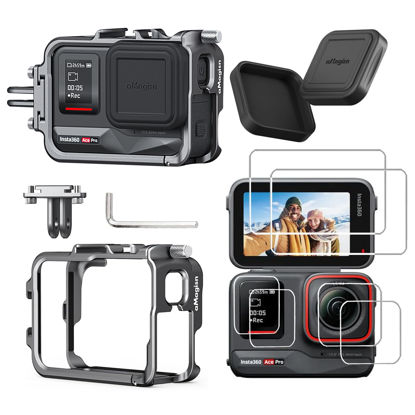 Picture of Rszfnjxry Aluminum Metal Frame Cage Case with Silicone Lens Cap and Screen Protector for Insta360 ACE PRO Camera Accessories Kit