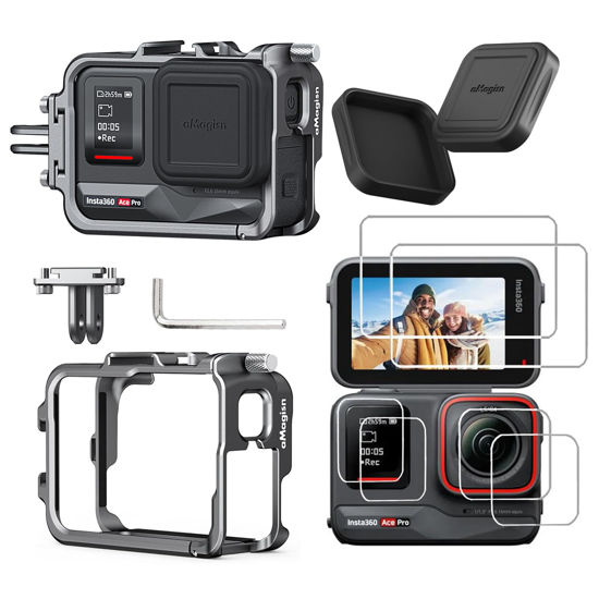 Picture of Rszfnjxry Aluminum Metal Frame Cage Case with Silicone Lens Cap and Screen Protector for Insta360 ACE PRO Camera Accessories Kit