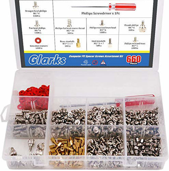 Picture of Glarks 660-Pieces Phillips Head Computer PC Spacer Screws Assortment Kit for Hard Drive Computer Case Motherboard Fan Power Graphics (Extra: Phillips Screwdriver)