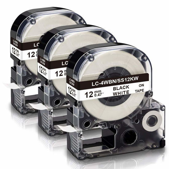 Picture of Absonic Compatible Label Tape Replacement for Epson LK-4WBN LC-4WBN SS12KW LC 4WBN9 LK 12mm Tape Refill 1/2'' for LabelWorks LW-300 LW-400 LW-500 LW-600P LW-K200PX Label Maker, Black on White, 3-Pack