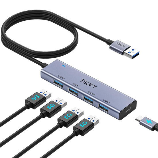 Picture of USB 3.0 HUB, TSUPY USB Splitter with 5 USB Ports and 4ft Extended Cable,Ultra-Slim Aluminium Data Hub Multi USB 3.0 Adapter HUB Compatible for Laptop,MacBook,PC, Printer, Mobile HDD and More