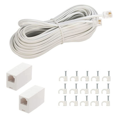 Picture of LanSenSu Phone Extension Cord33 Ft, Phone Cord ，Telephone Cable with Standard RJ11Plug and 2 in-Line Couplers and 15 Cable Clip Holders, White (White, 33 Feet)