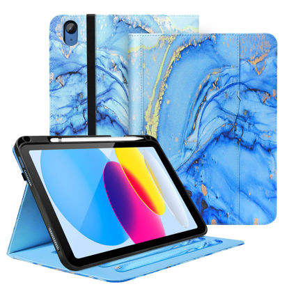 Picture of Zonefoker for iPad 10th Generation Case 2022, iPad 10 th Gen 10.9 inch Protective Cover with Pencil Holder, Multi-Angle Viewing Stand, Pocket Design, Folio Leather Cases for Women Men, Marble Blue