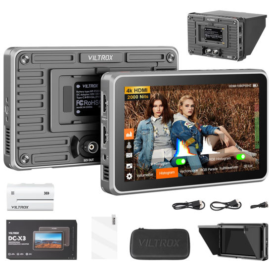 Picture of Viltrox DC-X3 6 Inch HDMI & SDI FHD Camera Field Monitor, 2000nit Touch Screen, Sunshade Hood, 3D LUT, Waveform, Vector Scope, 4K30 Video in/Output External Monitor, DC/USB-C/NP-F Battery Power Suppl
