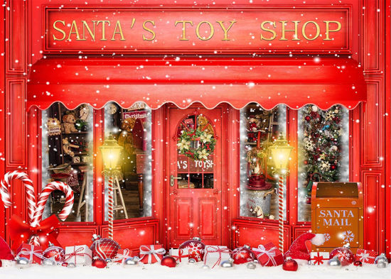 Picture of DePhoto Red Christmas Photo Backdrop Santa's Toy Shop Candy Cane in Snow World Xmas Family Holiday Party Banner Photography Background Supplies Decor Studio Prop PGT673A 7x5ft
