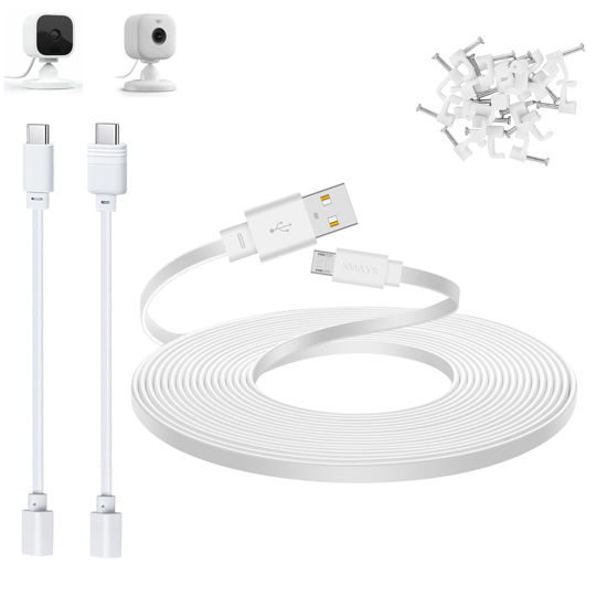 Picture of Smays 30 ft Power Cord Compatible with Blink Mini, Blink Mini 2 Camera, Long Flat Micro USB Extension Cable with USB C Adapter