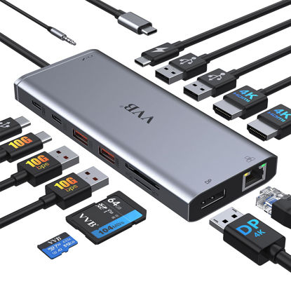 Picture of USB C Laptop Docking Station Dual Monitor HDMI for Dell/Lenovo/HP Laptop 14 in 1 USB C Hub Multiport Adapter Dongle Dock USB C to 2 HDMI 4K+DisplayPort+Ethernet+4USB+2USB C+100W PD Charger+SD/TF+Audio