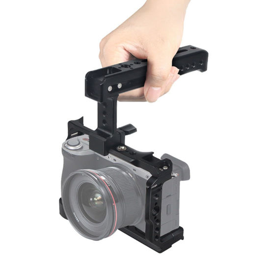 Picture of Camera Cage Compatible with Sony A6700 Compatible with DJI RS4Pro Stabilizer,Built-in Threaded Holes, Cold Shoe and Quick Release Plate (a6700 cage with Handle 2)