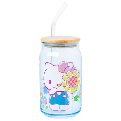 Picture of Silver Buffalo Sanrio Hello Kitty Spring Garden Flowers Blue Glass Jar Tumbler with Bamboo Lid and Glass Straw, 16 Ounces