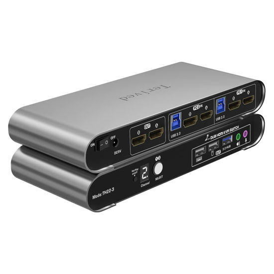 Picture of Terived 2 Computers 2 HDMI Monitors KVM Switch 4K@60Hz, Hotkey Switching, EDID, Audio and Microphone, Aluminum Alloy Shell,Digital Display, Dual Monitor USB 3.0 Hub, HDR10 with Cables