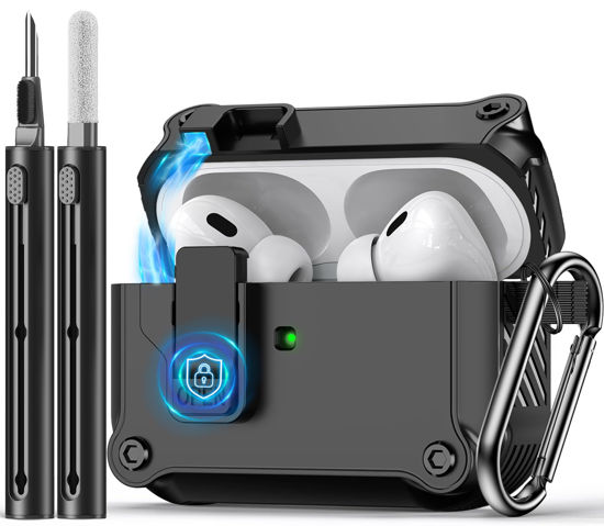 Picture of Pohgelan Compatible with AirPods Pro 2nd/1st Generation Case Cover,with Cleaner kit,Automatic Snap Switch Secure for iPod Pro Charging Case (USB-C/Lightning Cable) (2023/2022/2019)-Black