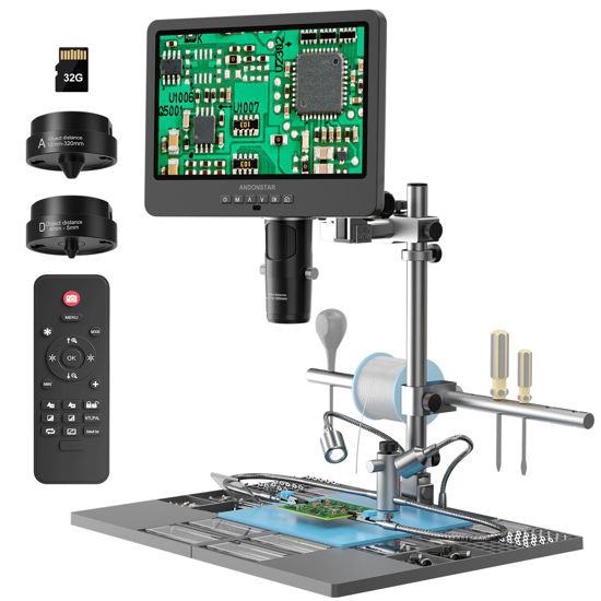 Picture of Andonstar AD249S-M Plus 10.1'' HDMI Soldering Digital Microscope for Electronics Repair, 2000x 3 Lens 2160P UHD Video Record, Soldering Microscope Station with Helping Hands, Slides, 32GB Card