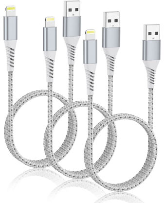 Picture of Acevien iPhone Charger Cable 2FT, 3Pack USB A to Lightning Braided Short Cable for Car Fast Charging Lightning Cord Compatible iPhone 14/13/12/11 Pro Max/iPad/AirPods(Silver)