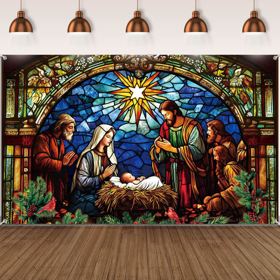 Picture of Tatuo Christmas Decoration Christmas Religious Backdrop Holy Nativity Photography Background Christmas Photography Background for Winter Xmas Outdoor Indoor Church Medieval Party Supplies