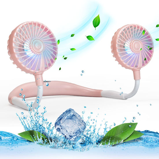 Picture of VAGAU Portable Cooling Neck Fan, Rechargeable USB Personal Neck Fan with Colorful LED lights, 360° Rotation, Wearable Neck Fan Air Conditioner for Office Travel Sport, 3 Adjustable Speeds（Pink）