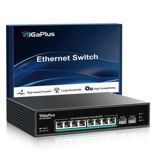 Picture of 10 Port 2.5Gb Unmanaged PoE Switch with 8*2.5G Base-T PoE Ports, 2*10G SFP+ Uplink, 802.3af/at (PoE+), 80Gbps Switching Capacity, GigaPlus 2.5G PoE Switch for 2.5Gb NAS/PC, WiFi6 Router, Wireless AP