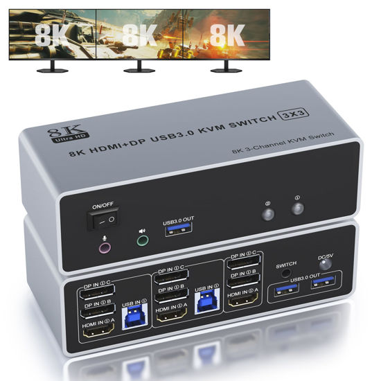Picture of KVM Switch 3 Monitors 2 Computers 8K@60Hz 4K@144Hz HDMI and 2 Displayport Triple Monitor KVM Switch for 2 Computer Share 3 Monitor, Audio Mic Port and 3 USB 3.0 Devices Support Extended and Copy Mode