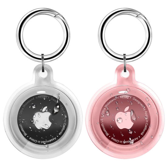 Picture of Foweroty IPX8 Waterproof Airtag Holder, 2 Pack Apple Airtags with Keychain, Air Tag Case for Luggage, Dog Collar, Keys, Anti-Scratch Full Body Protective Air Tags Holder,Clear/Pink