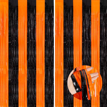 Picture of Orange Black Tinsel Foil Fringe Curtains, 2 Pack 3.3x8.3 Feet Party Streamer for Birthday Party Decorations, Halloween Decor, Foil Curtain Backdrop for Bachelorette Party