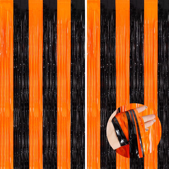 Picture of Orange Black Tinsel Foil Fringe Curtains, 2 Pack 3.3x8.3 Feet Party Streamer for Birthday Party Decorations, Halloween Decor, Foil Curtain Backdrop for Bachelorette Party