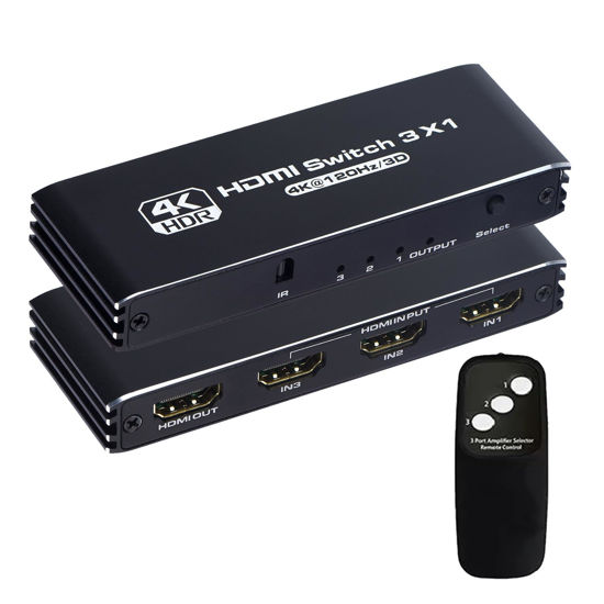 Picture of HDMI Switch 3 in 1 Out 4K 120Hz, HDMI Switcher 3x1 with IR Remote Control Support 4K@120Hz, 1080P@240Hz 3D, HDR, HDMI 2.1, HDCP 2.3, Compatible with PS5/ PS4/ PS3, Xbox, TV, DVD etc